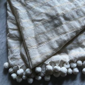 J. Crew metallic silver and gold wrap in cream with many Pom Poms!